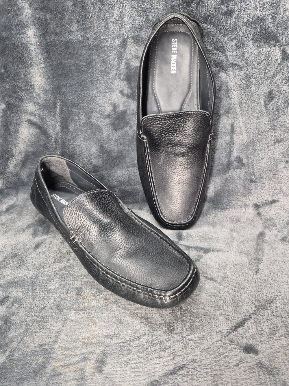 Steve Madden Mens 11.5Black Leather Loafers Slip On P.Dunes  Moccasin Casual